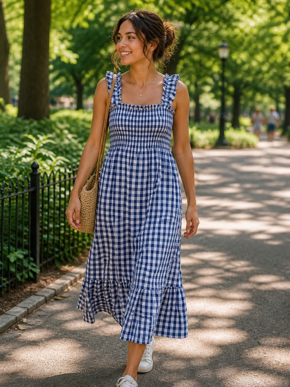 Summer Gingham Midi Dress - Blue
